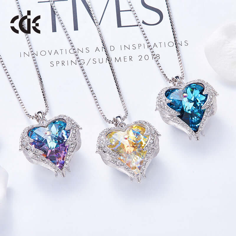 Live Explosion Style Heart of the Sea Necklace Earrings Angel Wing Set with Swarovski Elements Crystal