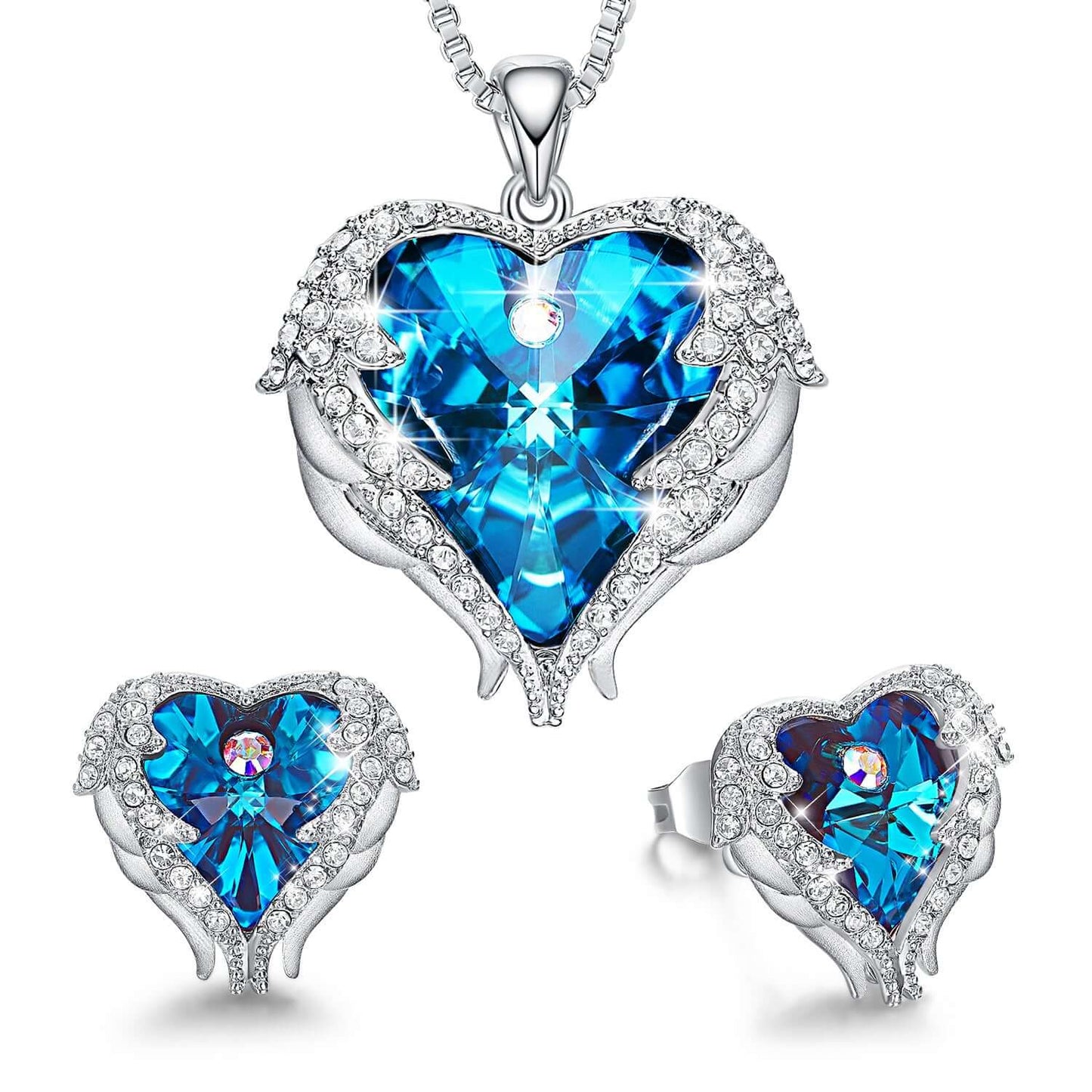 Live Explosion Style Heart of the Sea Necklace Earrings Angel Wing Set with Swarovski Elements Crystal