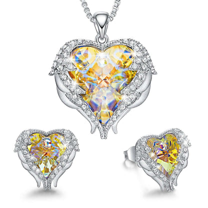 Live Explosion Style Heart of the Sea Necklace Earrings Angel Wing Set with Swarovski Elements Crystal