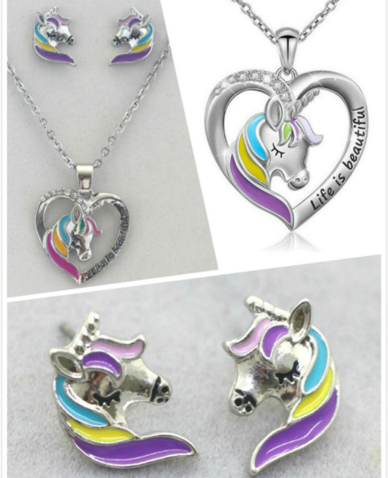 Oil pony necklace earrings set Unicorn earrings pendant necklace set