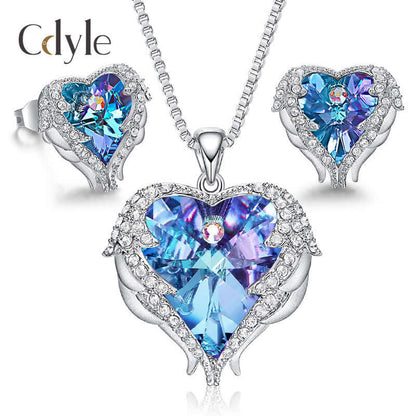 Live Explosion Style Heart of the Sea Necklace Earrings Angel Wing Set with Swarovski Elements Crystal