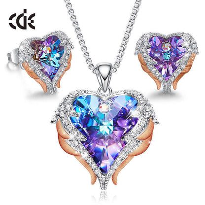 Live Explosion Style Heart of the Sea Necklace Earrings Angel Wing Set with Swarovski Elements Crystal