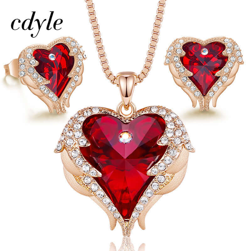 Live Explosion Style Heart of the Sea Necklace Earrings Angel Wing Set with Swarovski Elements Crystal