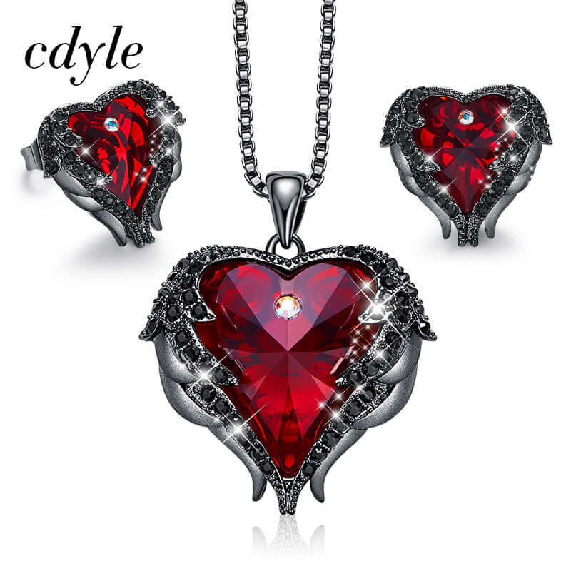 Live Explosion Style Heart of the Sea Necklace Earrings Angel Wing Set with Swarovski Elements Crystal