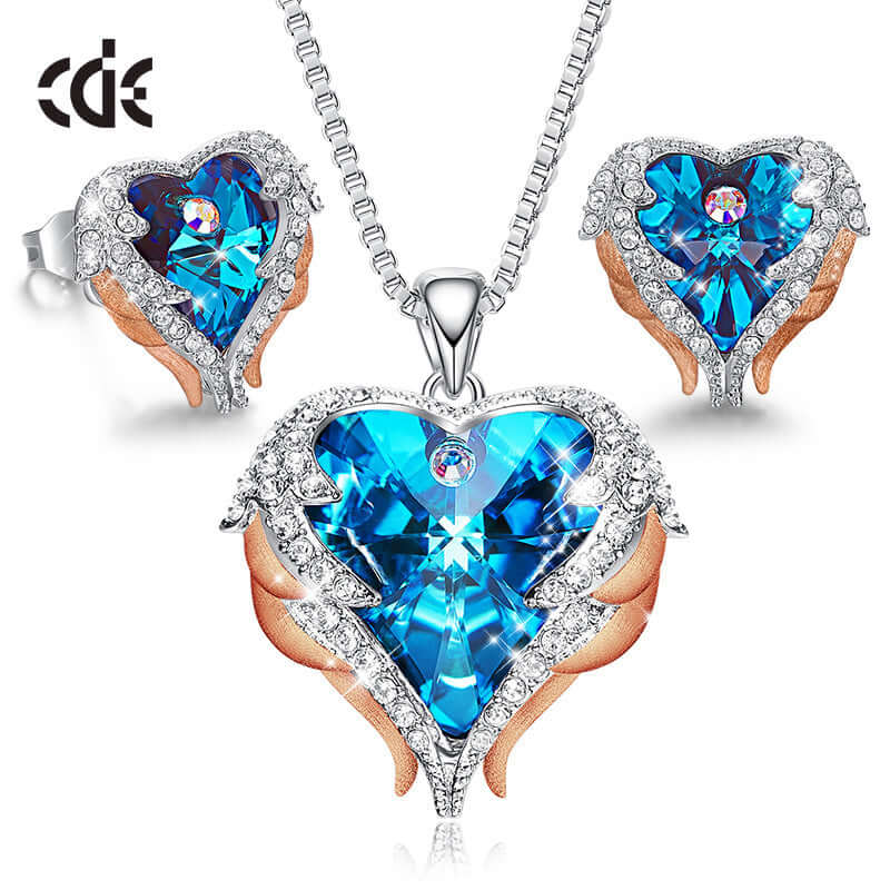 Live Explosion Style Heart of the Sea Necklace Earrings Angel Wing Set with Swarovski Elements Crystal