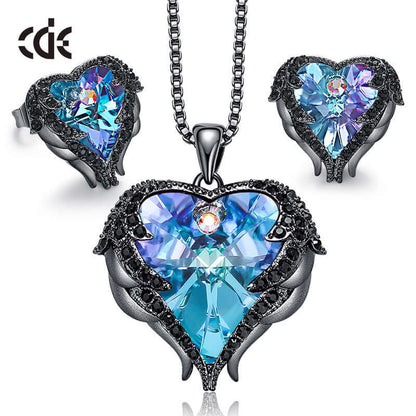 Live Explosion Style Heart of the Sea Necklace Earrings Angel Wing Set with Swarovski Elements Crystal