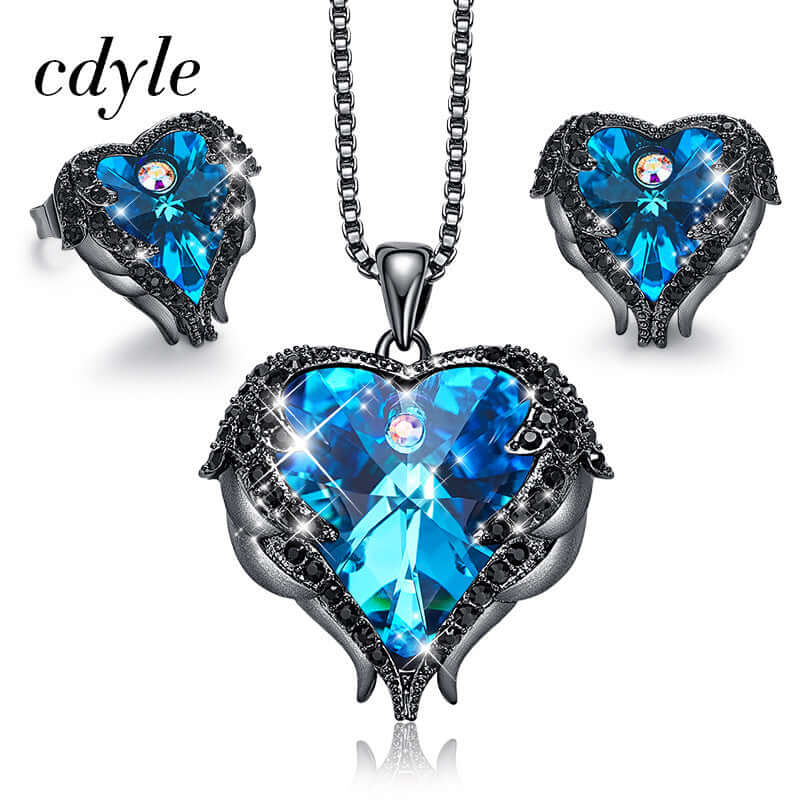 Live Explosion Style Heart of the Sea Necklace Earrings Angel Wing Set with Swarovski Elements Crystal