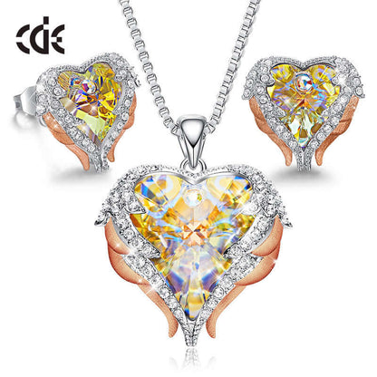 Live Explosion Style Heart of the Sea Necklace Earrings Angel Wing Set with Swarovski Elements Crystal