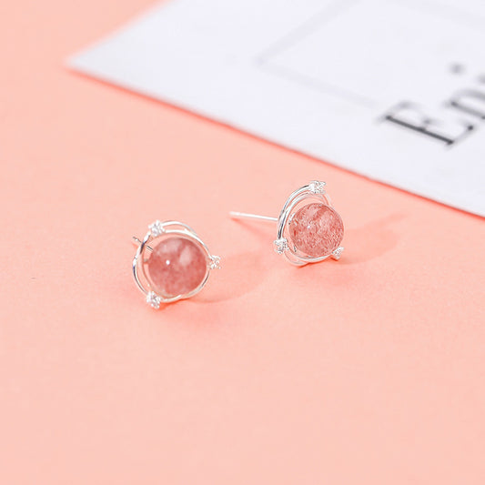 925 sterling silver strawberry crystal zircon earrings girly earrings Mori powder crystal planet minority design earrings for women