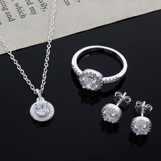 Explosive Zircon Crystal Silver Jewelry Necklace Ring Earrings Set Three-Piece Set