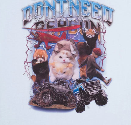 藍色標題貓和車圖案超大T恤 | Cat and Car Pattern with Blue title Oversize T-shirt