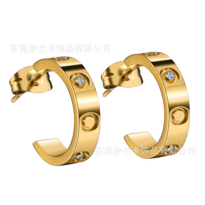 Cartier screw C-shaped titanium steel earrings fashion titanium steel earrings manufacturers 18k color gold round spot earrings