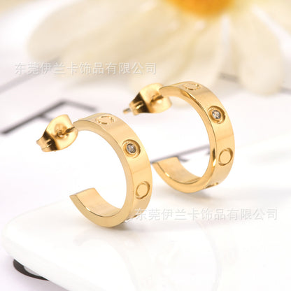 Cartier screw C-shaped titanium steel earrings fashion titanium steel earrings manufacturers 18k color gold round spot earrings