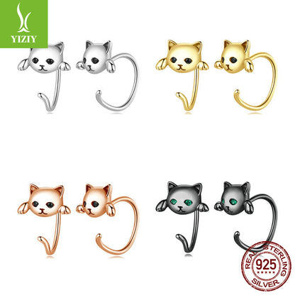 cute cat earrings and earrings set playful animal electroplated 925 sterling silver jewelry