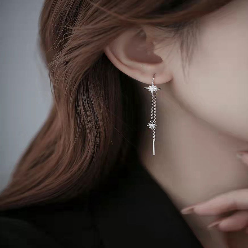 925 sterling silver eight-pointed star tassel earrings, feminine, high-end earrings, earrings, 2022 new trendy earrings