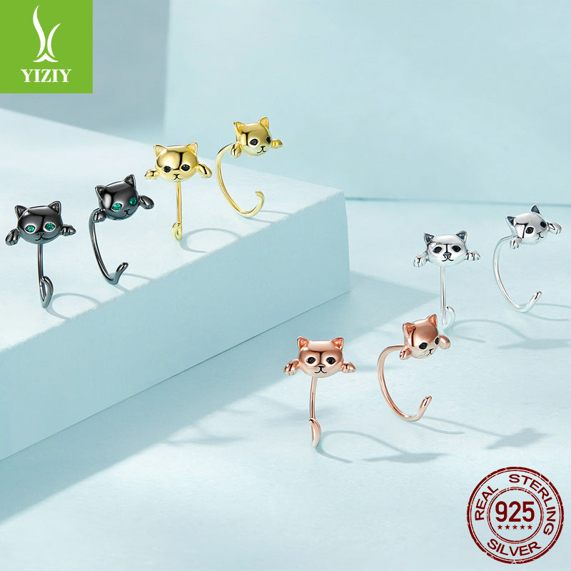 cute cat earrings and earrings set playful animal electroplated 925 sterling silver jewelry